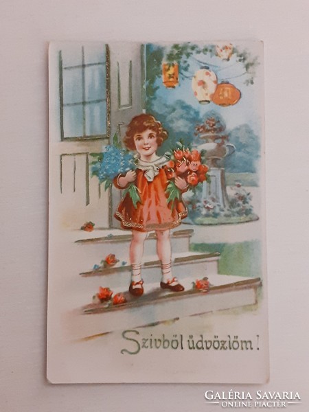 Régi képeslap 1942 levelezőlap kislány virágok