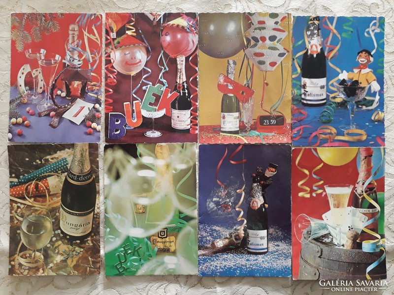 Régi újévi képeslap szilveszteri pezsgős retro levelezőlap 8 db