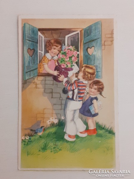 Régi képeslap 1942 levelezőlap gyerekek virágok