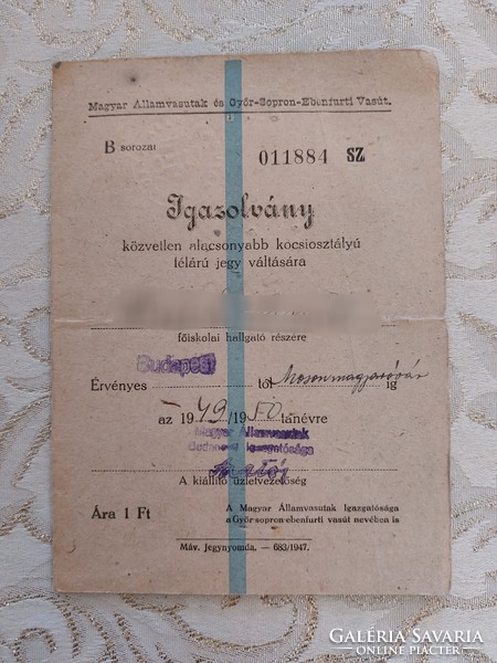 Régi dokumentum 1949 vasúti igazolvány Magyar Államvasutak