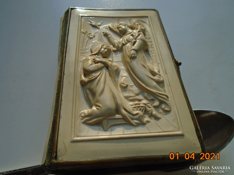 Angelic greetings with embossed image on cover, antique copper buckled religious book