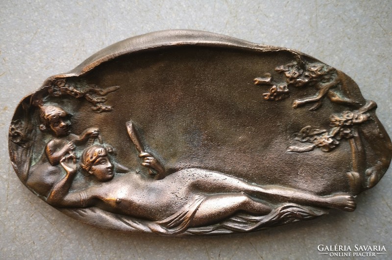 Art Nouveau bronze offering naked lady nude and putto decoration ashen business card holder