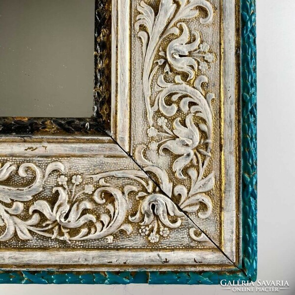 Upcycled antique turquoise-white wall mirror - ua389