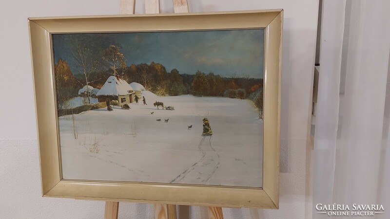 (K) Szép szignózott téli tájképfestmény 68x52 cm kerettel. Olaj vászon.