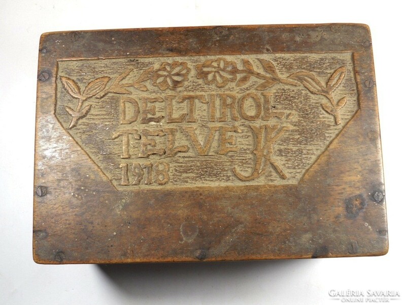 Antique old wooden carved box gift box small chest chest - inscription: filled with deltirol jk 1918