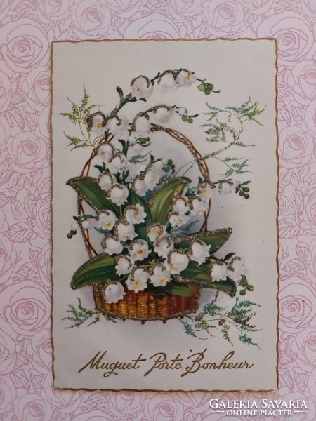Régi képeslap 1959 csillámos levelezőlap gyöngyvirág