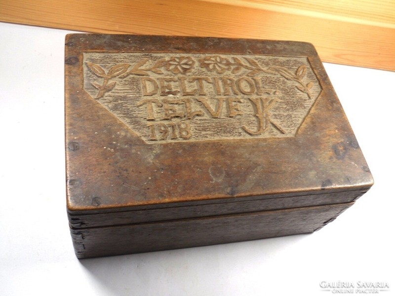 Antique old wooden carved box gift box small chest chest - inscription: filled with deltirol jk 1918