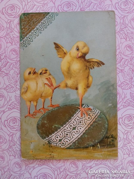 Old Easter postcard with embossed postcard egg chick