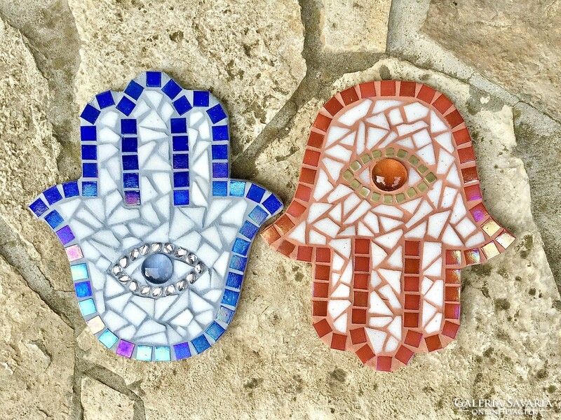 Piros és kék Gyöngyházfényű Üveg mozaik hamsa kéz Fatima keze falikép asztalidísz amulett