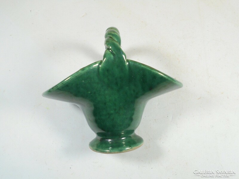 Retro régi zöld mázas kerámia kis kosár tálka edény dísz - 8,2 cm magas