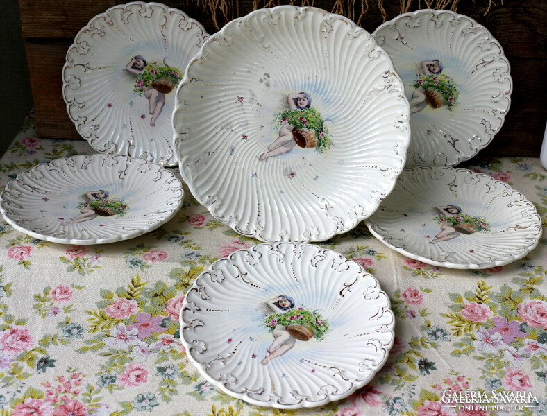 Wilhelmsburg faience, hand-painted cake set, serving tray with stand, bowl with stand, 5 plates