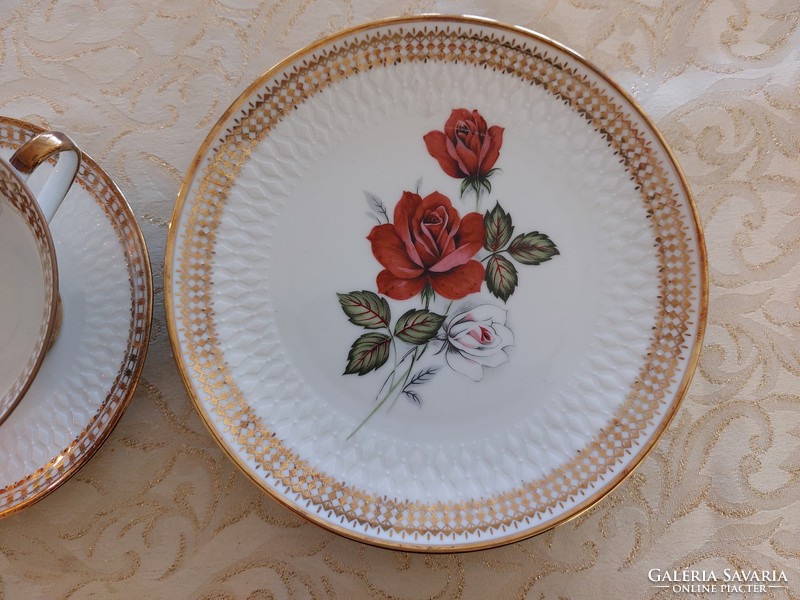Régi Bavaria Winterling porcelán csésze rózsás vintage reggeliző készlet 3 db