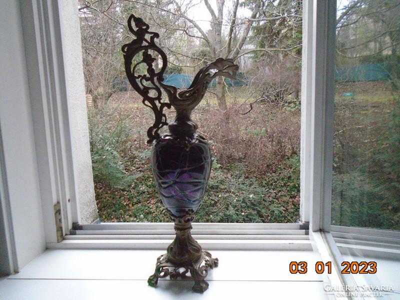 Loetz eosin purple glass body with Art Nouveau spectacular decorative decanter with bronze fittings, nymph 56 cm