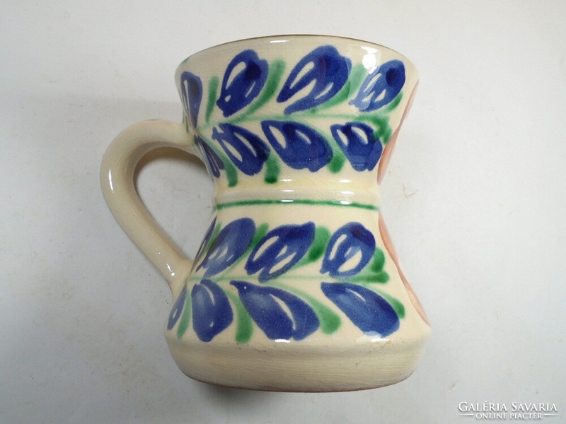 Retro old folk folk art painted glazed flower floral ceramic jug with handle height: 10 cm