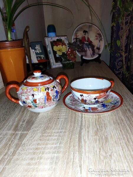 Porcelain coffee cup + base and sugar bowl