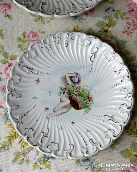 Wilhelmsburg fajansz, kézzel festett süteményes készlet, talpas kínáló, talpas tál, 5 db tányér