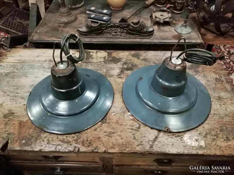 Industrial ceiling lamps, hall lamps, original patina industrial lamps in a pair, renovated, industrial