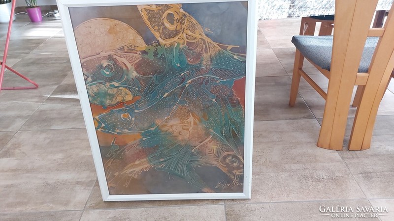 (K) Különleges absztrakt halas kép, festmény 65x84 cm kerettel