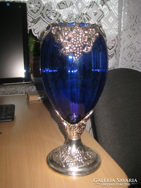 Blue, glass decorative vase, with metal overlay and metal base part, approx. 30 cm