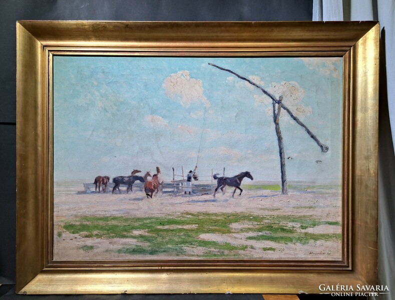 Lajos Husvéth (1896-1956) large oil on canvas - peasant life on the farm with horses and a crane