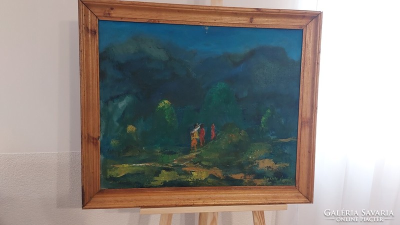 (K) Huszthy Árpád tájkép festménye 3 alakkal 66x79 cm kerettel