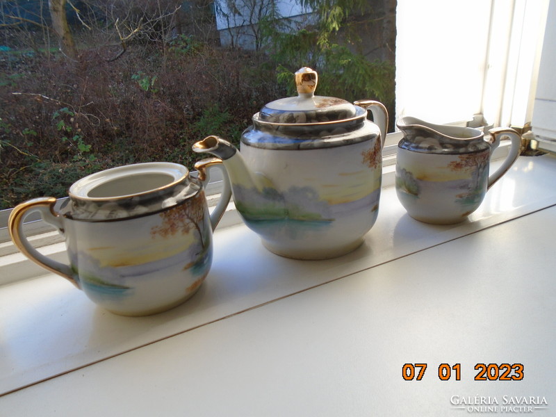 Kézzel festett tóparti Napkelte hattyúval,házikóval,japán  porcelán teás szervírozók