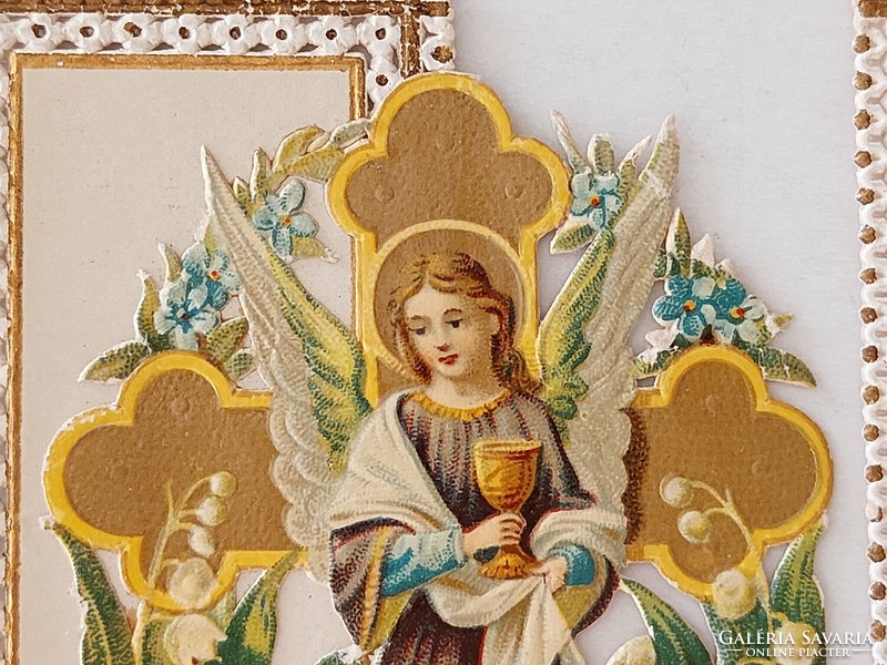 Régi kis szentkép Angyalok dombornyomott csipkés szélű imakép 2 db