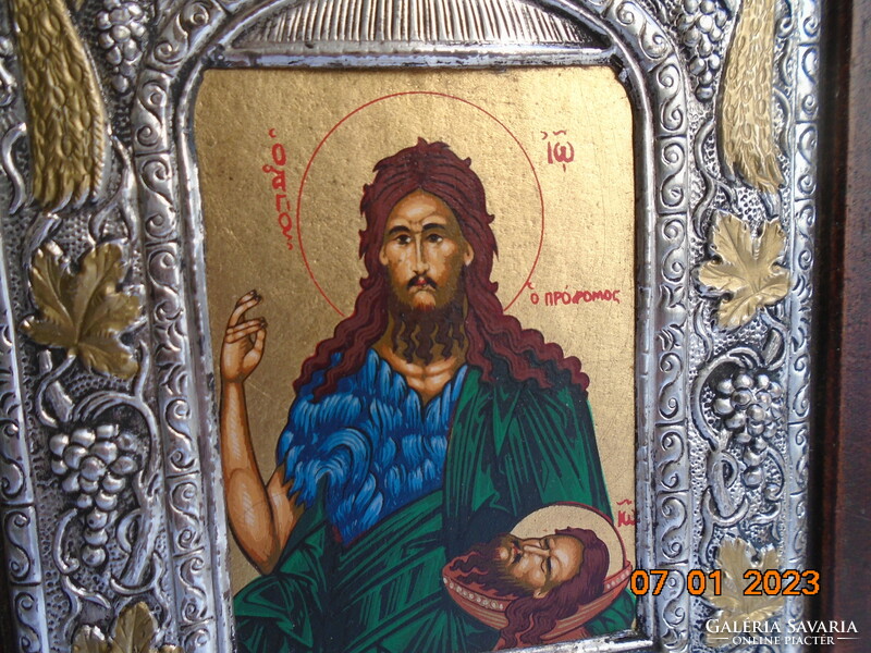 950 ezüst díszes  keretben Keresztelő Szent János aranyozott Bizánci ikon múzeumi másolat certivel
