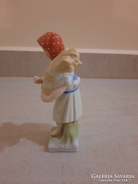 Ritka Antik Herendi rőzse hordó, rőzsét cipelő lány porcelán figura