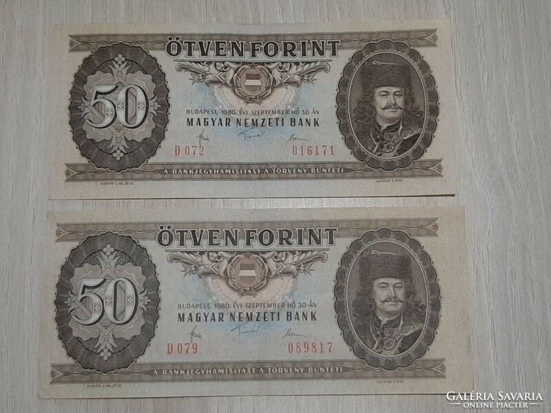 50 forint 1980  ropogós bankjegy 2 db szín eltérés , előlapon elcsúszott nyomás