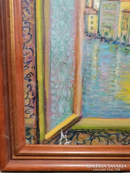 Woman in the window, oil painting in a frame