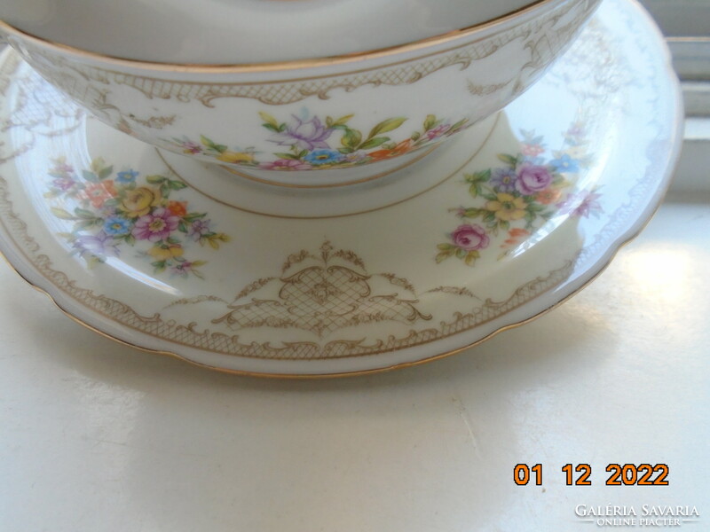 Antique Czech rose garland with baroque grid pattern, colorful flower bouquets. Marked, numbered sauce bowl