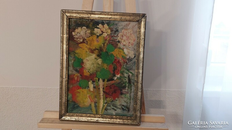 (K) Szép antik virágcsendélet festmény 32x44 cm kerettel