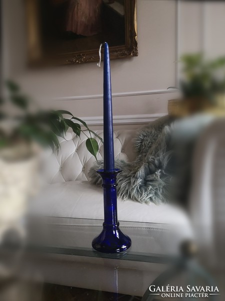 Royal blue glass candle holder, pressed glass, with candle, 20 cm