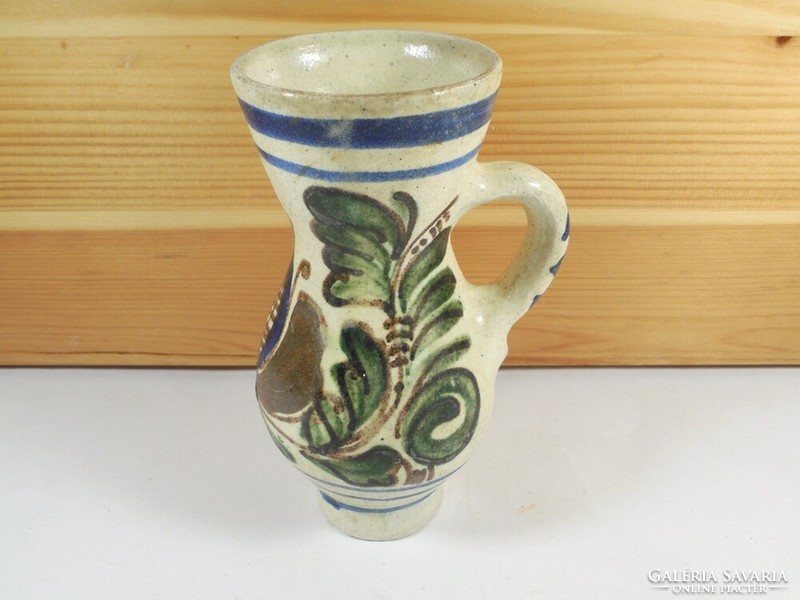 Retro old folk folk art painted glazed flower floral ceramic jug with handle height: 13.3 cm