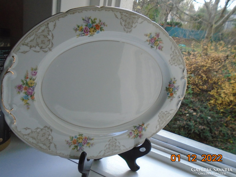 Antique giant oval marked bowl, relief pattern, colorful flower bouquet, baroque grid pattern