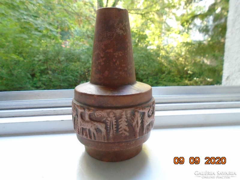 Art deco embossed deer, pine, bird, flower, cloud with patterns, carved stone effect ceramic vase