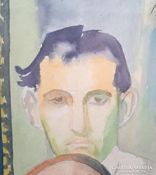 Memento mori (watercolor) self-portrait? Unidentified artist - male portrait with skull