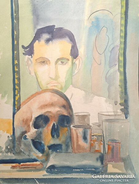 Memento mori (akvarell) önarckép? azonosítatlan művész - Férfi portré koponyával