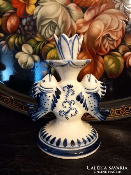 Old Russian gzhel porcelain. Candlestick