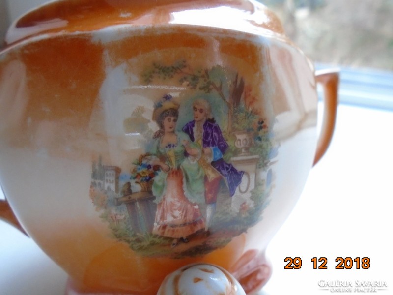 Szecessziós eozinmázas sokszögletes számozott jelzett teás cukortartó barokk jelenetekkel