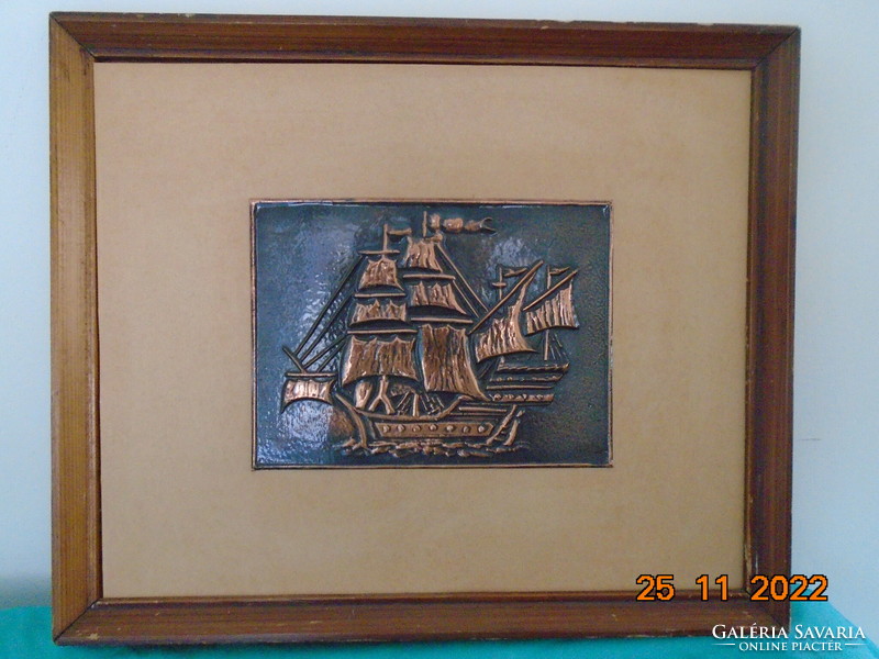 Antique sailing ship, Columbus's ship (?), Red copper relief framed with passport