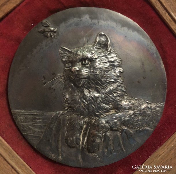 Kutya macska antik ezüstözött fali kép.