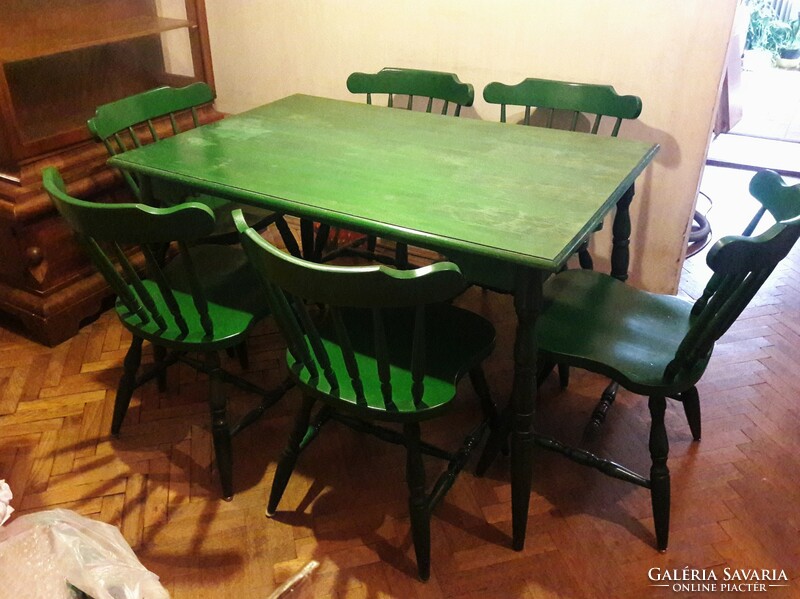 Retro Bonanza zöld ebédlő étkező tömörfa fa asztal 6 szék garnitúra esztergált lábakkal