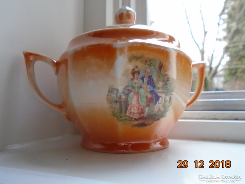Art Nouveau eosin glazed polygonal numbered marked tea sugar bowl with baroque scenes