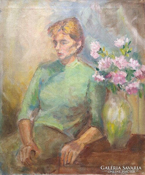 Tömösváry Béláné: Portré virágokkal, 1958 (olaj, vászon, 60x50 cm) Tömösváry Aranka - női festő