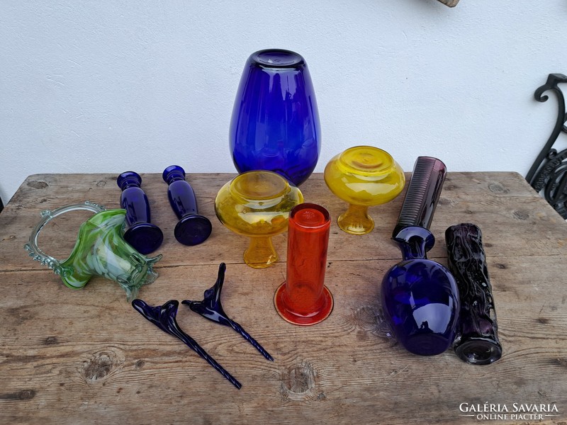 Gyönyörű karcagi berekfürdői üveg kék sárga  vegyes díszüvegek váza Gyűjtői mid century modern