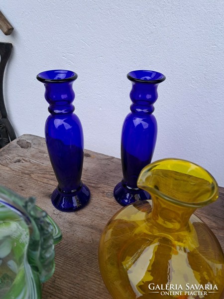Gyönyörű karcagi berekfürdői üveg kék sárga  vegyes díszüvegek váza Gyűjtői mid century modern