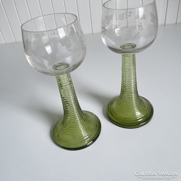 2 old green twisted bottom French wine glasses