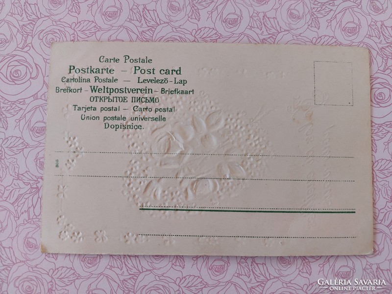 Régi képeslap dombornyomott levelezőlap lóhere rózsa szív nefelejcs motívum